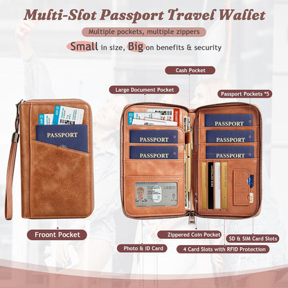 Family Passport Holder Travel Wallet, RFID Blocking Passport Wallet with Multiple Pockets, Holds Up to 5 Passports, Large Document & Cash Pocket Travel Organizer for Men Women