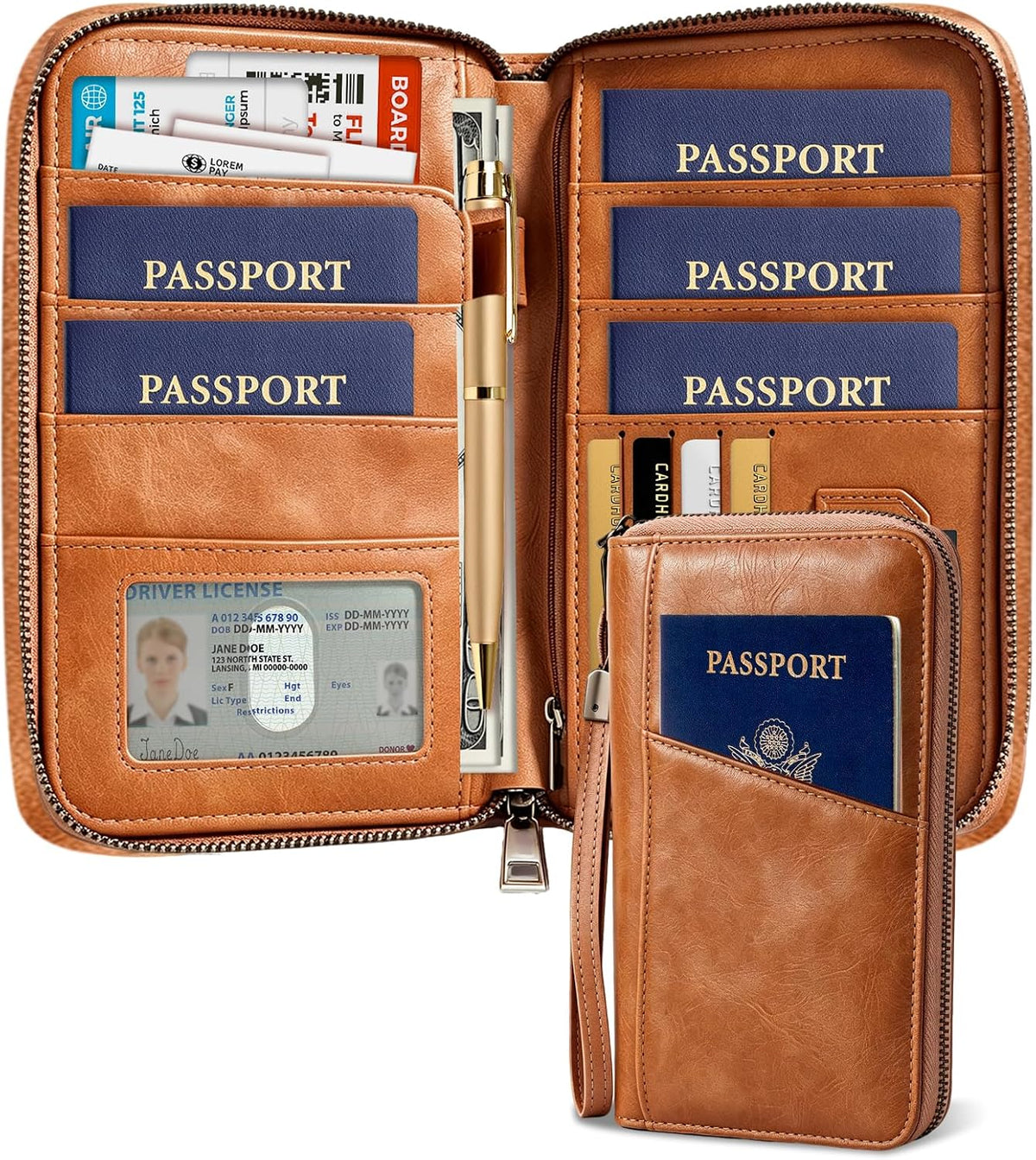 Family Passport Holder Travel Wallet, RFID Blocking Passport Wallet with Multiple Pockets, Holds Up to 5 Passports, Large Document & Cash Pocket Travel Organizer for Men Women