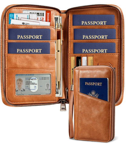 Family Passport Holder Travel Wallet, RFID Blocking Passport Wallet with Multiple Pockets, Holds Up to 5 Passports, Large Document & Cash Pocket Travel Organizer for Men Women