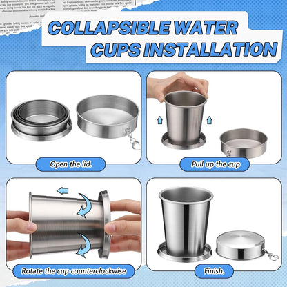 2 Pack 304 Stainless Steel Collapsible Cup 16 oz Folding Travel Cup with Lid and Keychain, Reusable Packable Camp Mug for Camping, Hiking, Picnic, Travel & Everyday Use
