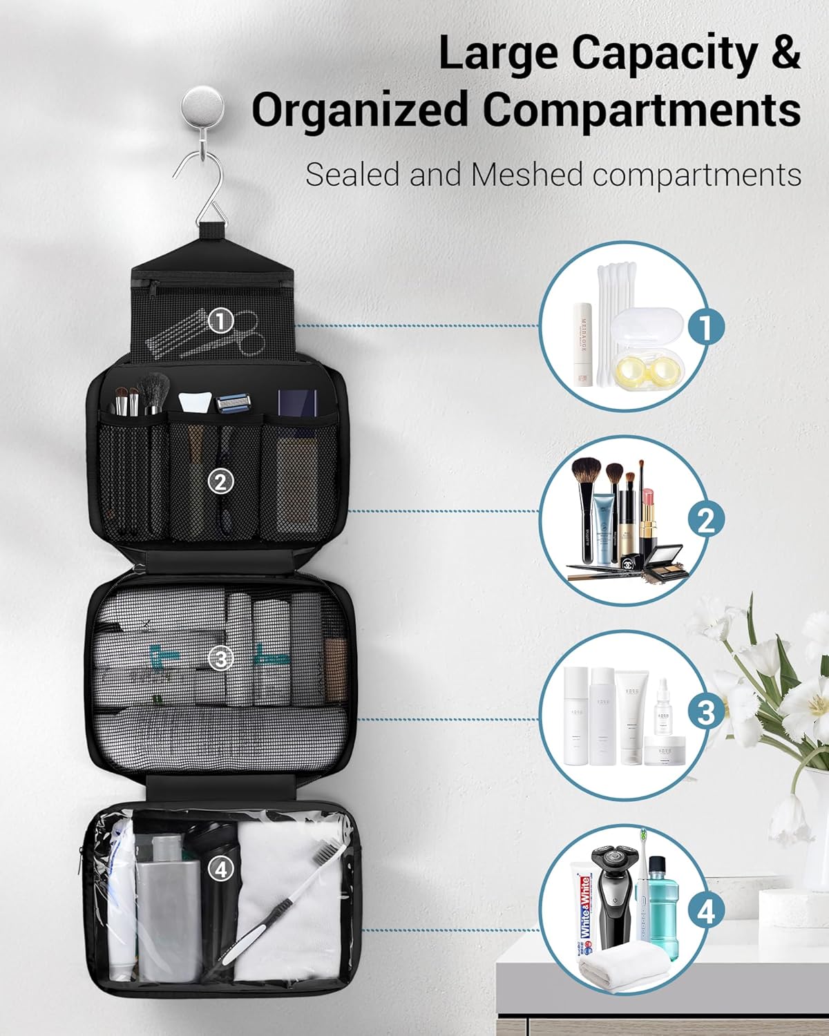 Maliton Toiletry Bag for Men & Women Travel Toiletry Bag Hanging Toiletry Bag Hygiene Organizer with 4 Compartments Waterproof Bathroom Shower Bag Large Toiletries Travel Bag(Black)