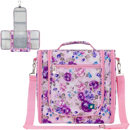 PAVILIA Toiletry Bag Travel Bag for Women Men, Hanging Cosmetic Organizer, Water Resistant Makeup Bag for Accessories Toiletries, Large Travel Essentials Kit (Floral Pink)