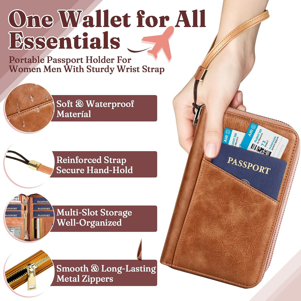 Family Passport Holder Travel Wallet, RFID Blocking Passport Wallet with Multiple Pockets, Holds Up to 5 Passports, Large Document & Cash Pocket Travel Organizer for Men Women