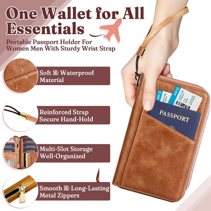 Family Passport Holder Travel Wallet, RFID Blocking Passport Wallet with Multiple Pockets, Holds Up to 5 Passports, Large Document & Cash Pocket Travel Organizer for Men Women
