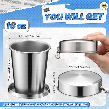 2 Pack 304 Stainless Steel Collapsible Cup 16 oz Folding Travel Cup with Lid and Keychain, Reusable Packable Camp Mug for Camping, Hiking, Picnic, Travel & Everyday Use