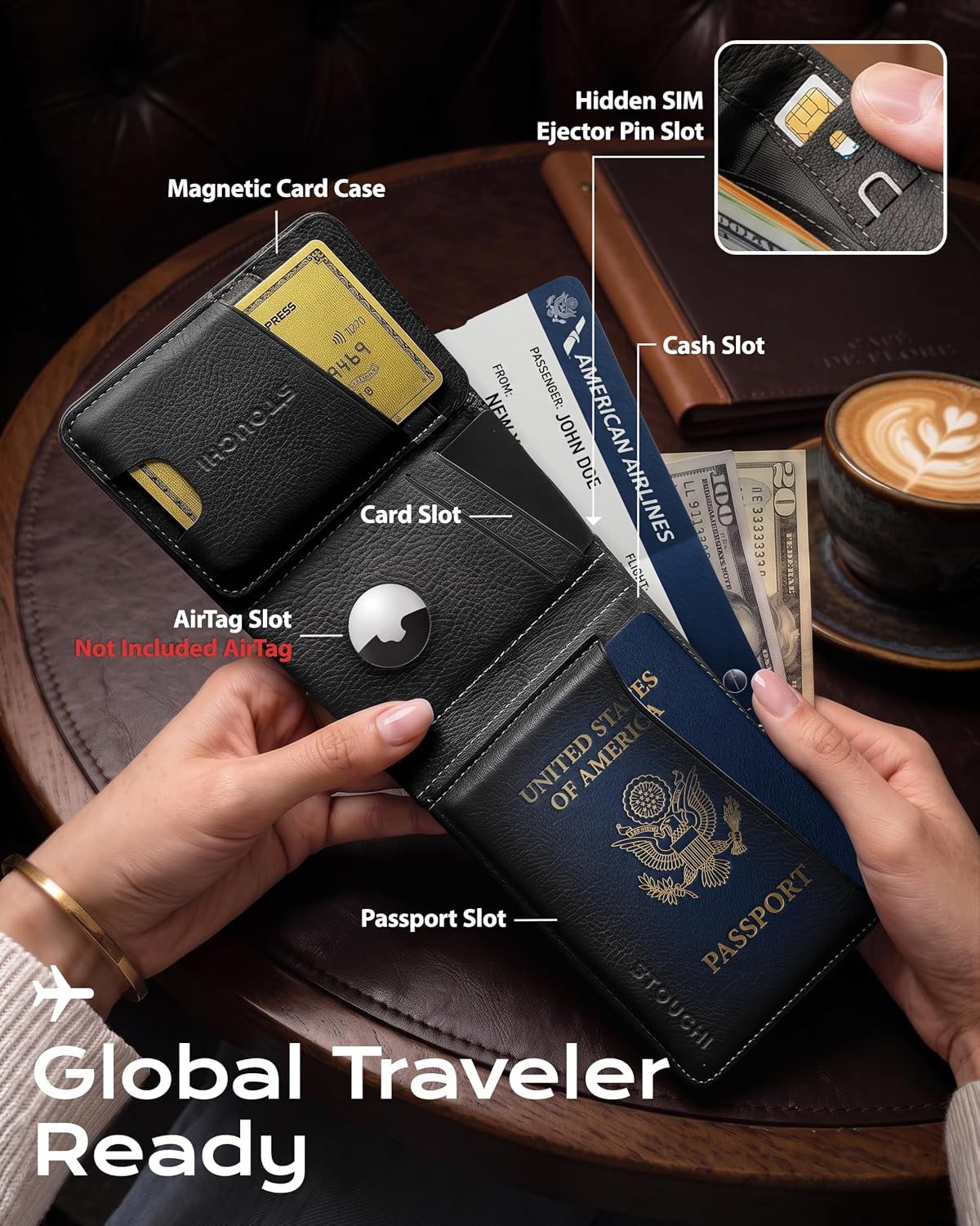 Top-Grain Leather Passport Holder for Travel with AirTag Slot RFID Blocking