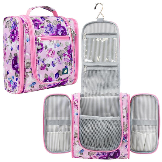 PAVILIA Toiletry Bag Travel Bag for Women Men, Hanging Cosmetic Organizer, Water Resistant Makeup Bag for Accessories Toiletries, Large Travel Essentials Kit (Floral Pink)