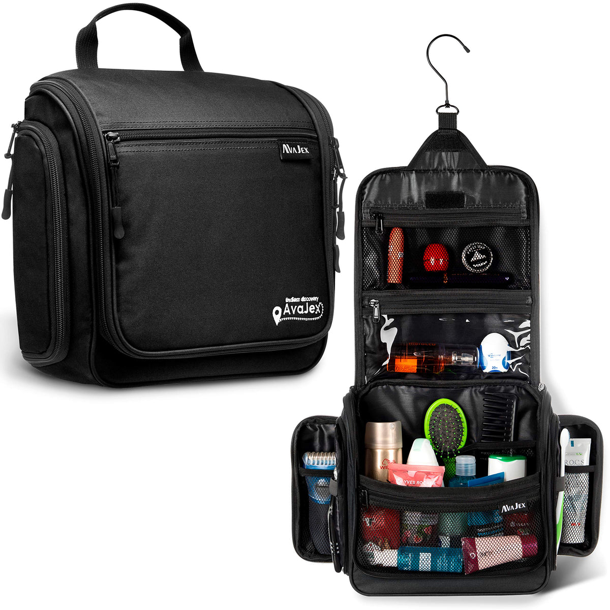 Travel Toiletry Bag for Men and Women - (10.6”x10.6”x3.2”) Large Hanging Toiletry Organizer - Waterproof Hygiene Bag with Metal XXL Swivel Hook, with Sturdy Zippers and 19 Compartments for Toiletries