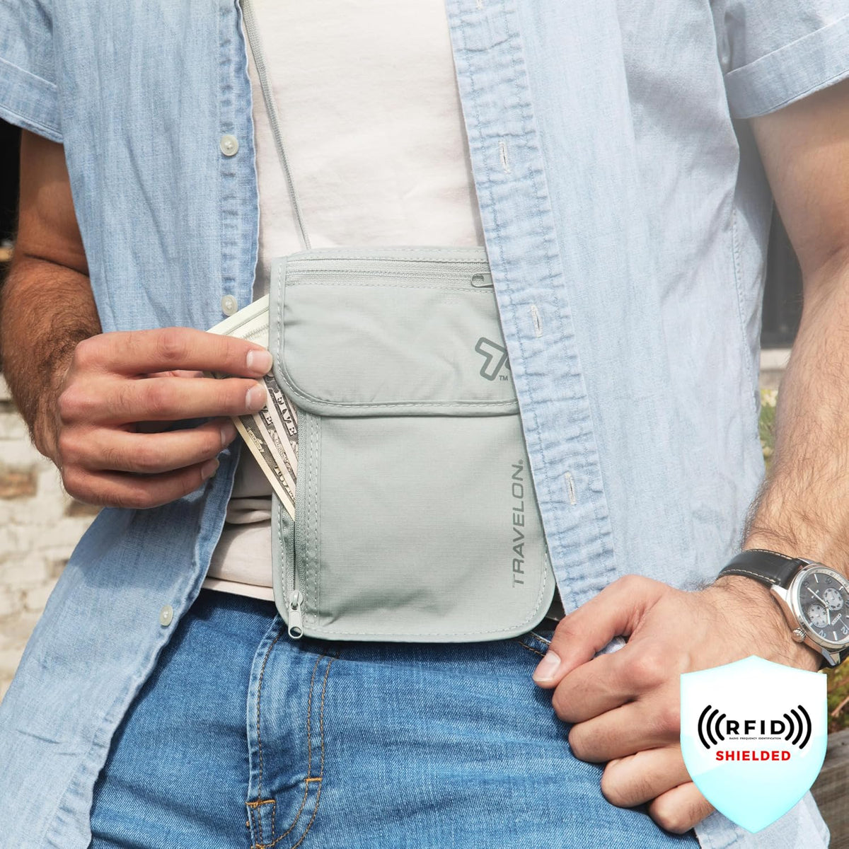 Travelon Rfid Blocking Undergarment Neck Pouch Travel Wallet, Gray, One Size