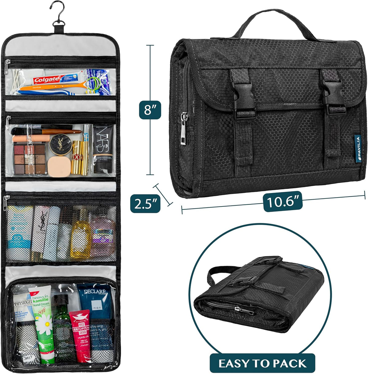 PAVILIA Travel Hanging Toiletry Bag for Women Men, Large Capacity Makeup Bag Kit, Waterproof Cosmetic Storage Organizer Case for Bathroom Shower