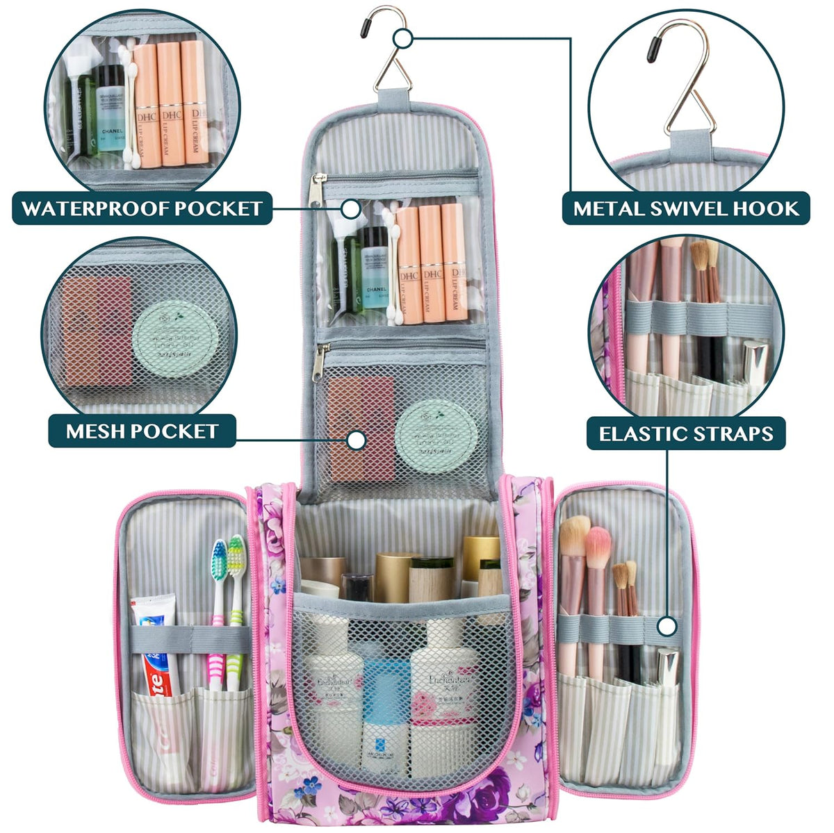 PAVILIA Toiletry Bag Travel Bag for Women Men, Hanging Cosmetic Organizer, Water Resistant Makeup Bag for Accessories Toiletries, Large Travel Essentials Kit (Floral Pink)