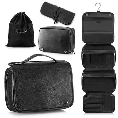 Elviros Hanging Toiletry Bag Removable Travel Bag PU leather Makeup Cosmetic Organizer Kit, Black