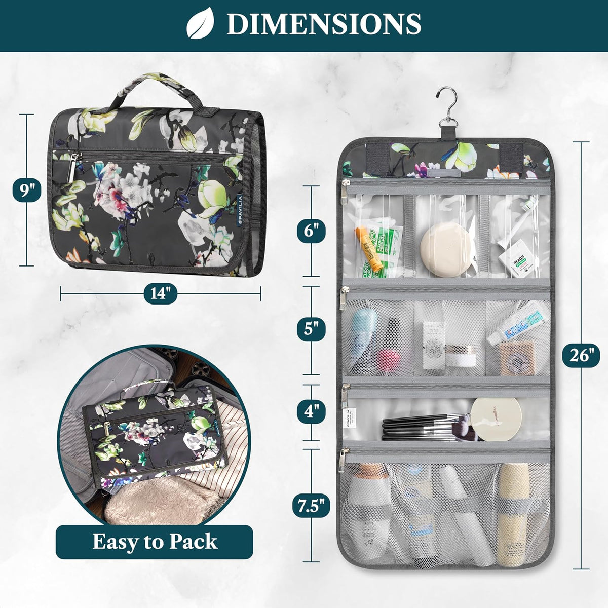PAVILIA Hanging Toiletry Bag for Women Men Foldable Travel Organizer Floral